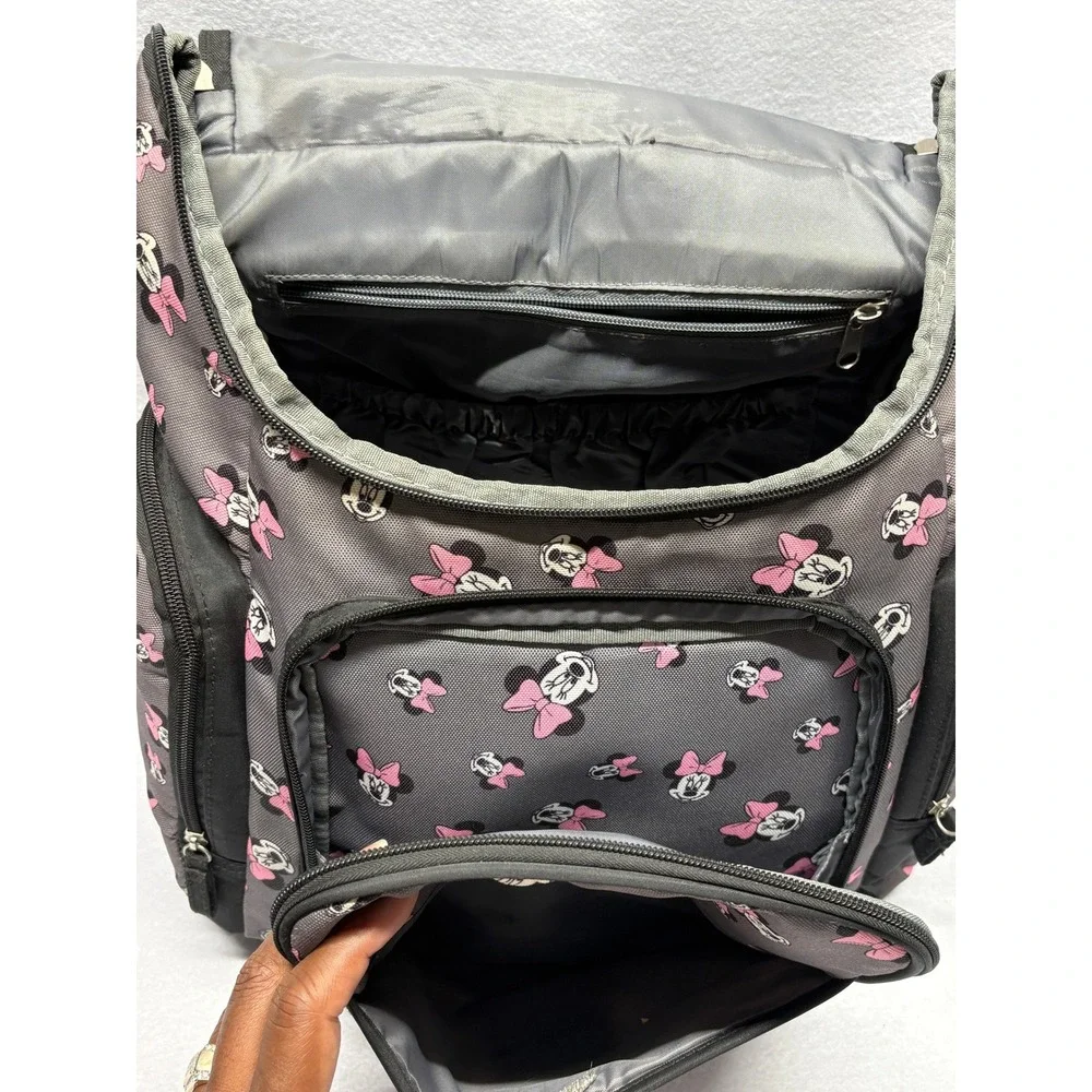 Disney Minnie Mouse Diaper Bag Backpack Gray Pink Bow Insulated Pocket Padded